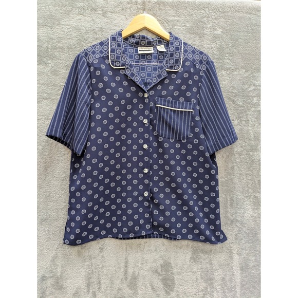 The Villager Tops - Vintage Aesthetic Button Up Blouse Womens PM Navy Blue Mixed Print Short Sleeve